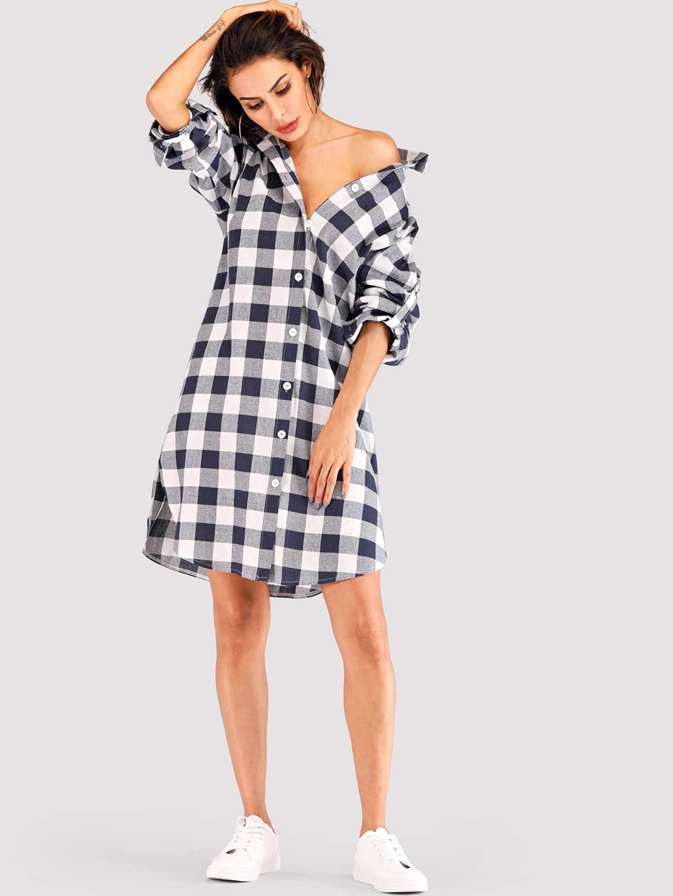 Roll-Up Sleeve Curved Hem Gingham Shirt Dress