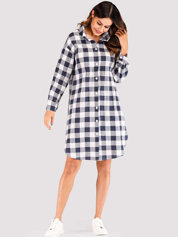 Roll-Up Sleeve Curved Hem Gingham Shirt Dress