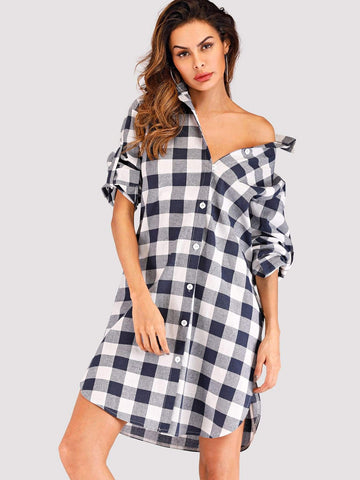 Roll-Up Sleeve Curved Hem Gingham Shirt Dress