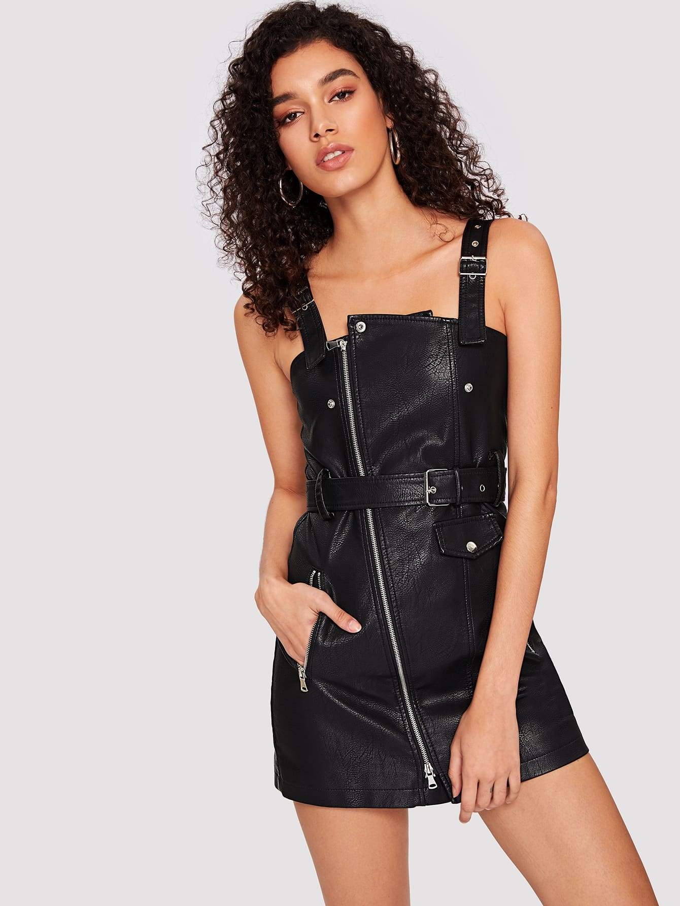 Faux Leather Belted Pinafore Dress