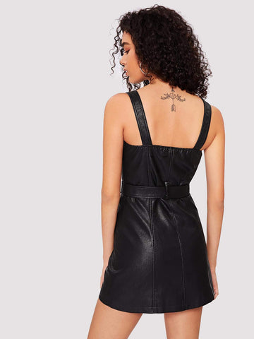 Faux Leather Belted Pinafore Dress