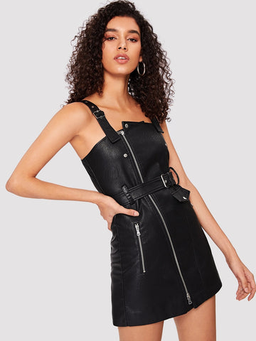 Faux Leather Belted Pinafore Dress