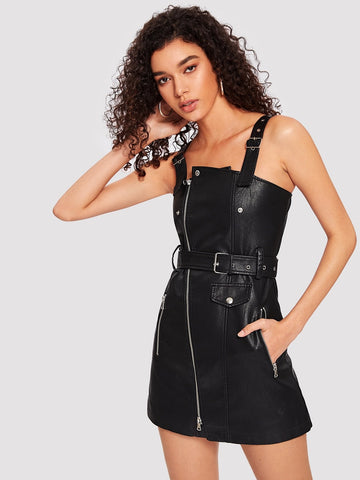 Faux Leather Belted Pinafore Dress