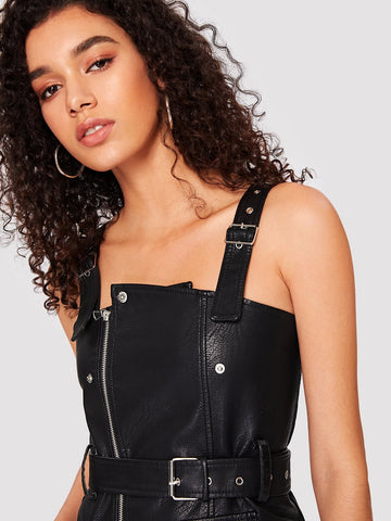 Faux Leather Belted Pinafore Dress