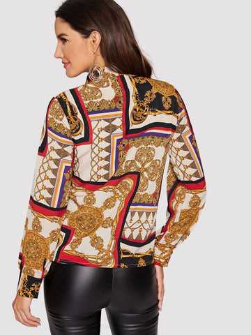 Scarf Print Pussy Bow Blouse