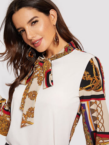 Scarf Print Pussy Bow Blouse