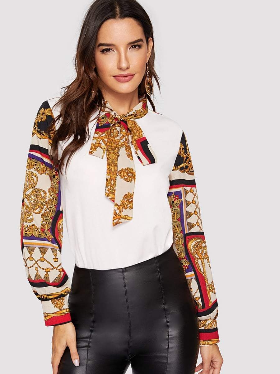 Scarf Print Pussy Bow Blouse