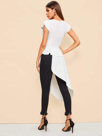 Asymmetrical Hem Cap Sleeve Peplum Blouse