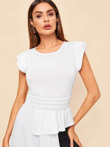 Asymmetrical Hem Cap Sleeve Peplum Blouse