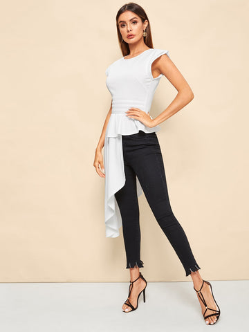Asymmetrical Hem Cap Sleeve Peplum Blouse