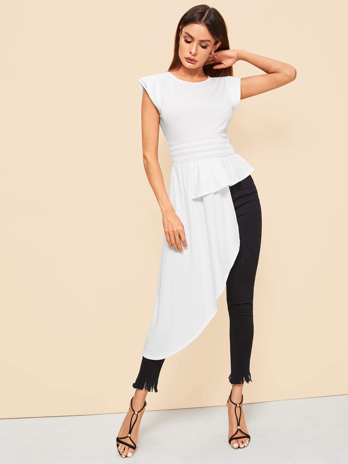 Asymmetrical Hem Cap Sleeve Peplum Blouse