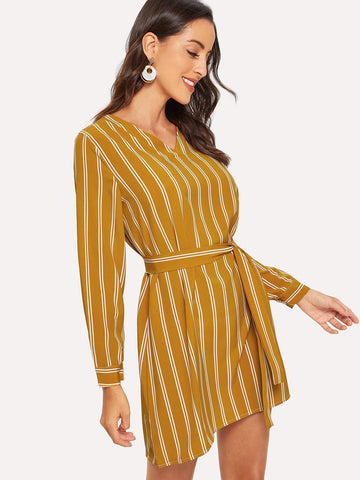 Stripe Tie Waist V Neck Shirt Dress