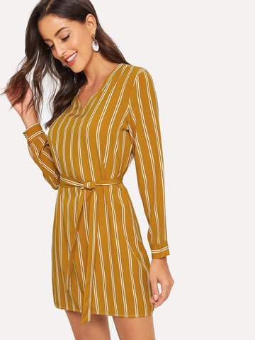 Stripe Tie Waist V Neck Shirt Dress