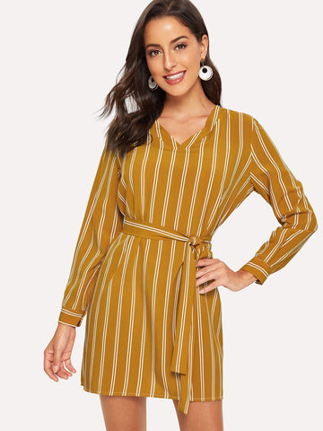 Stripe Tie Waist V Neck Shirt Dress