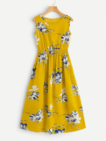 Shirred Waist Floral Midi Dress