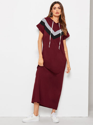 Cut And Sew Chevron Hooded Maxi Dress