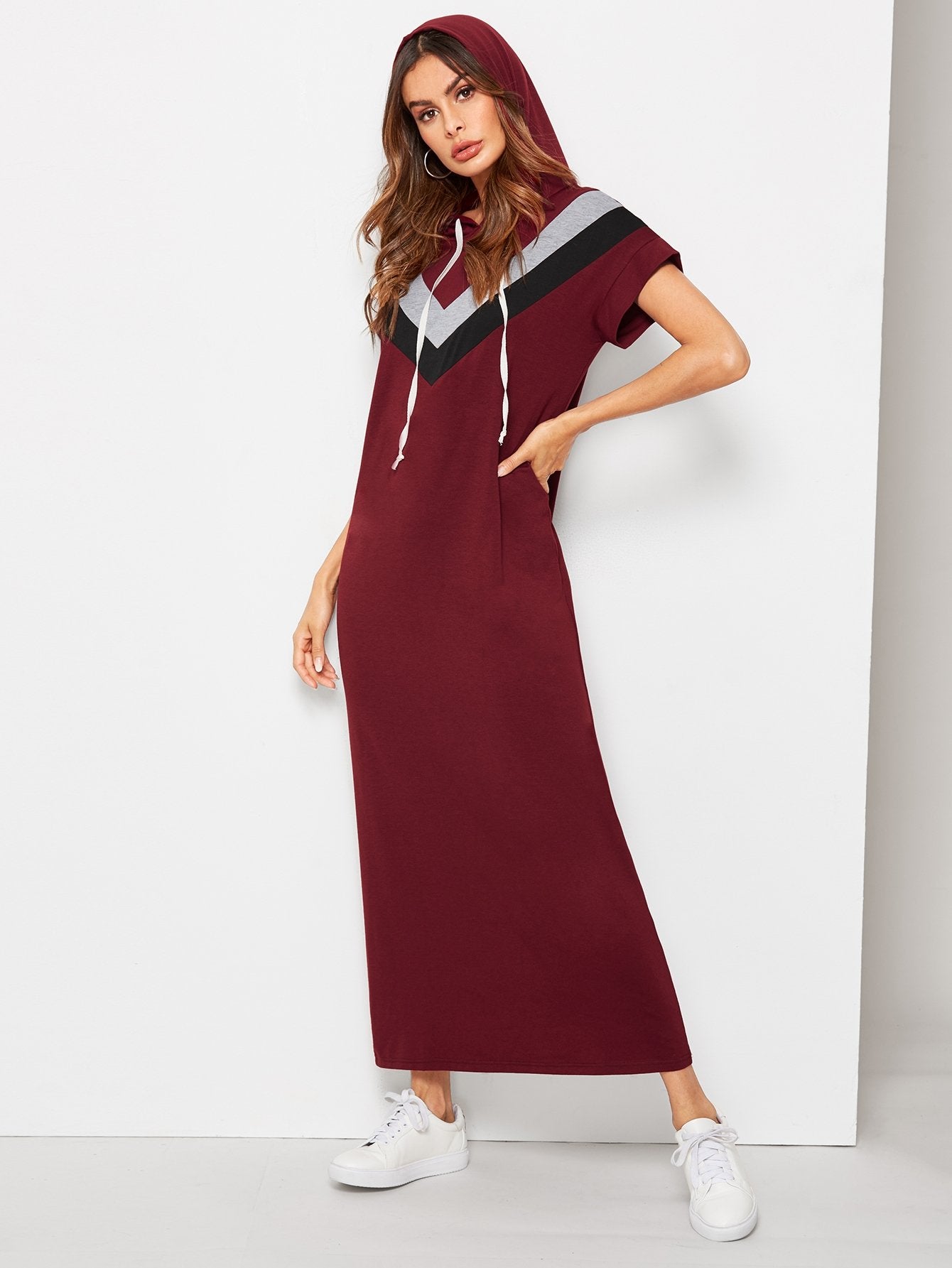 Cut And Sew Chevron Hooded Maxi Dress