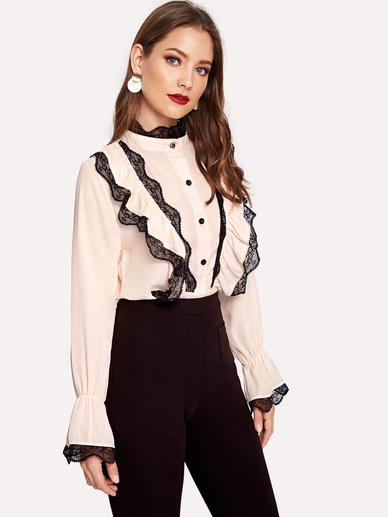Contrast Lace Flounce Sleeve Blouse