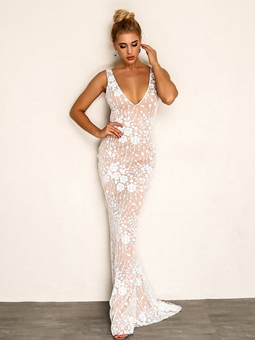 Joyfunear Cluster Sequin Mesh Overlay Plunge Maxi Dress