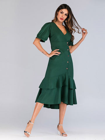 Button Through Ruffle Hem Shirt Dress