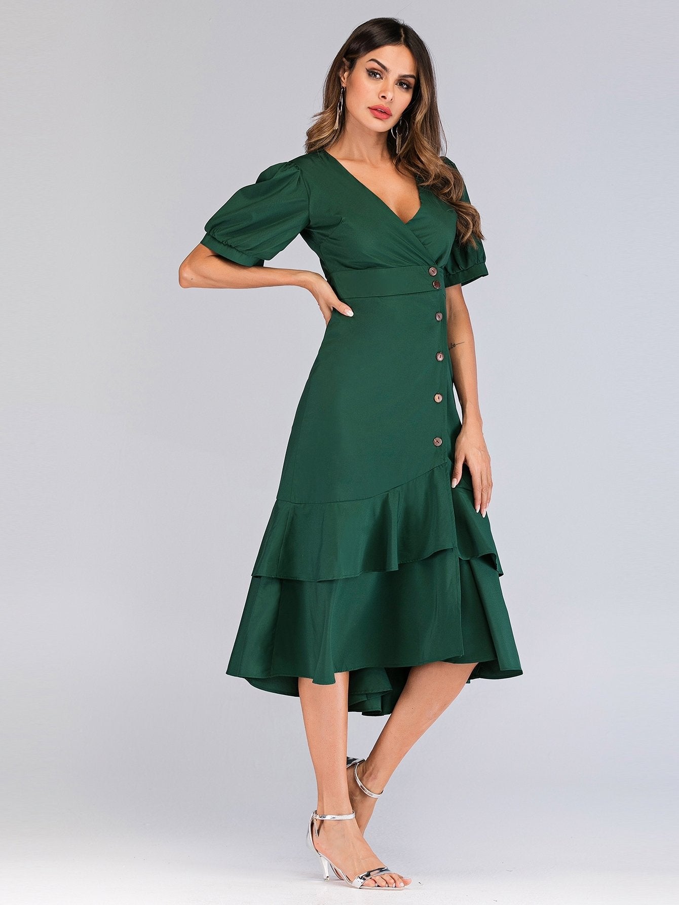 Button Through Ruffle Hem Shirt Dress