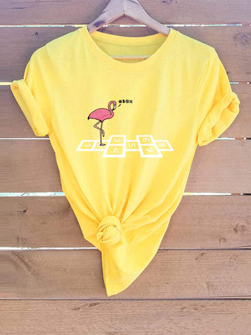 Flamingo And Letter Graphic Cuffed Tee