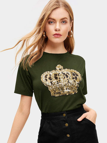 Contrast Sequin And Leopard Tee