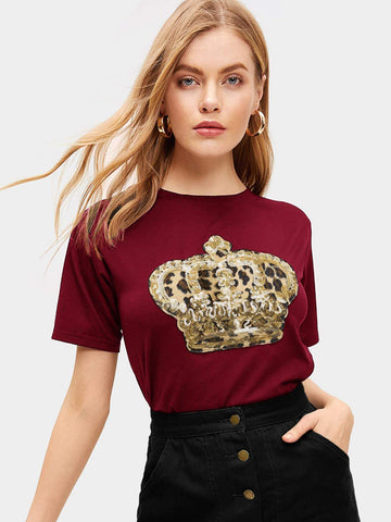 Contrast Sequin And Leopard Tee