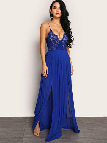 Joyfunear Split Front Floral Lace Applique Cami Dress