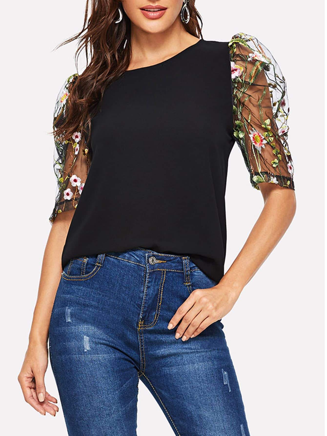 Floral Embroidered Mesh Sleeve Blouse