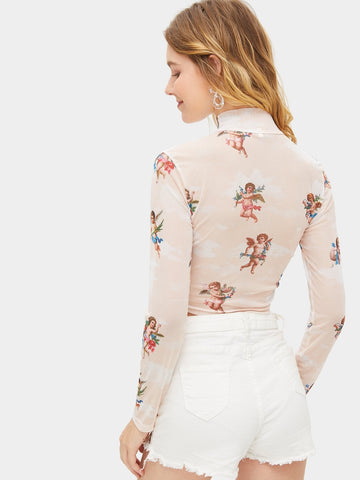 Angel Print Stand Collar Tee