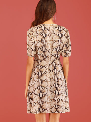 Snakeskin Print V-neck Dress