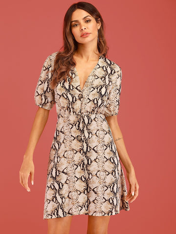 Snakeskin Print V-neck Dress