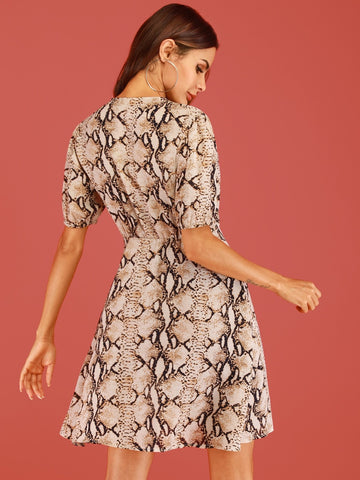 Snakeskin Print V-neck Dress