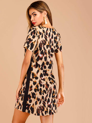 Contrast Panel Leopard Print Dress