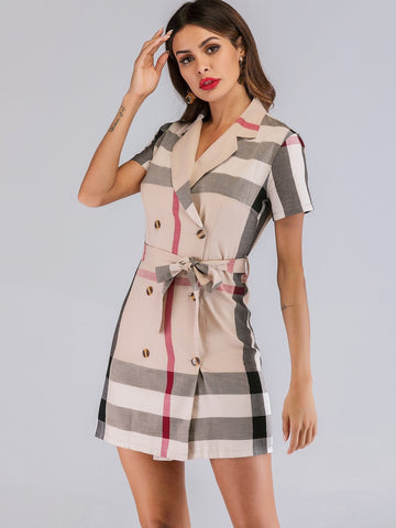 Madras Plaid Double Breasted Belted Dress