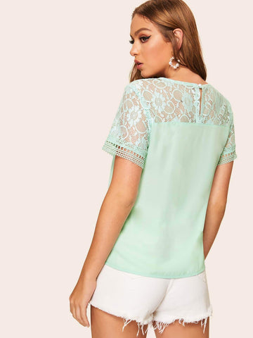 Contrast Lace Buttoned Keyhole Blouse
