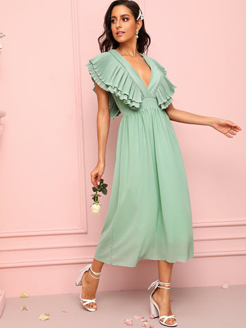 Layer Ruffle Trim Deep V-neck Tie Back Dress