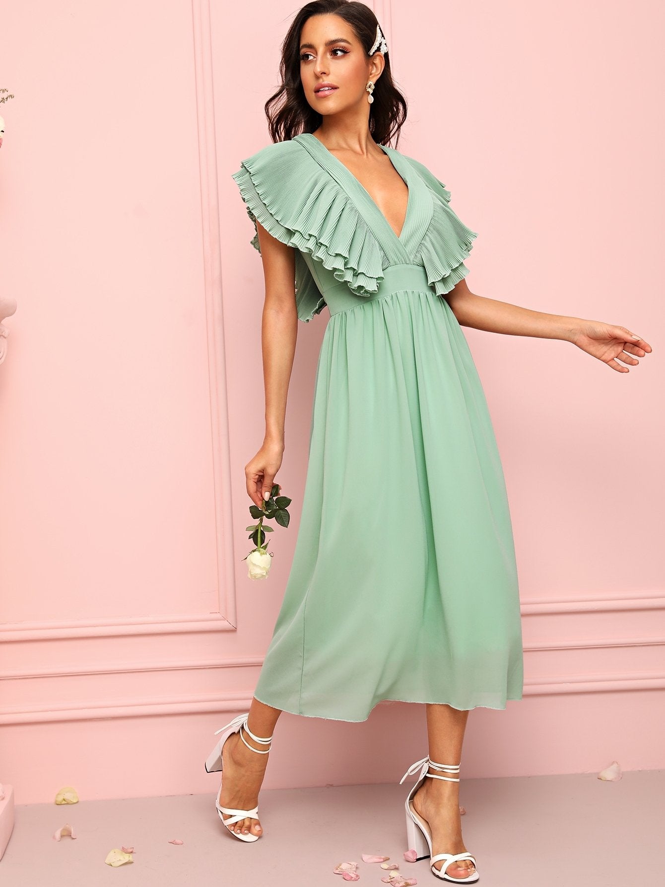 Solid Ruffle Sleeve Deep V-neck Dress