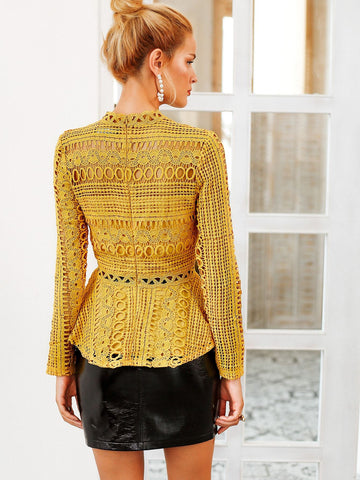 Simplee Mock-neck Zip Back Lace Peplum Top