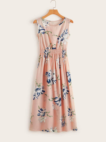 Shirred Waist Floral Midi Dress