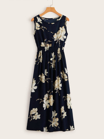 Shirred Waist Floral Midi Dress