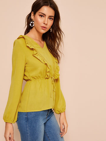 Ruffle Drawstring Waist Puff Sleeve Blouse