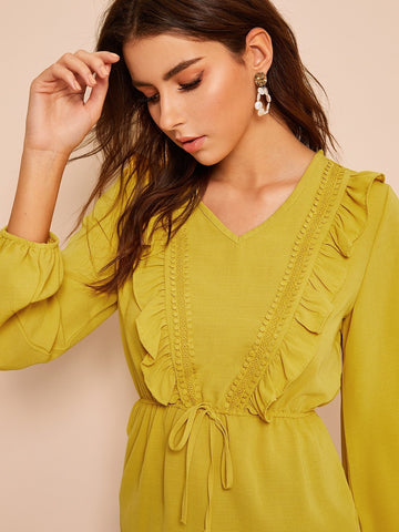 Ruffle Drawstring Waist Puff Sleeve Blouse