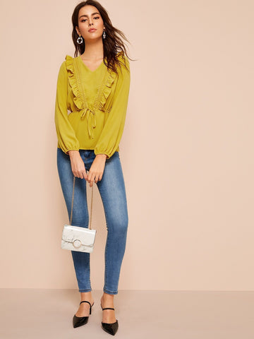 Ruffle Drawstring Waist Puff Sleeve Blouse