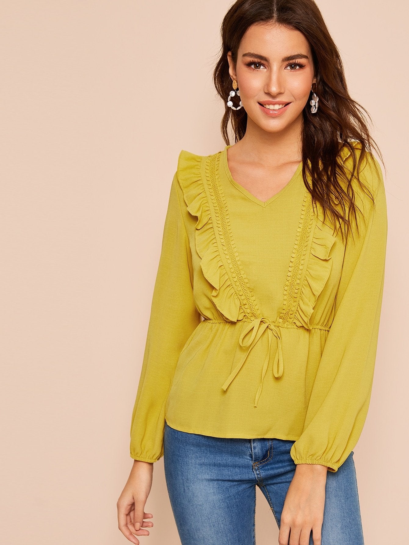 Ruffle Drawstring Waist Puff Sleeve Blouse