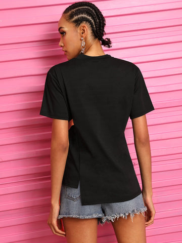 Contrast D Ring Tape Letter Print Tee