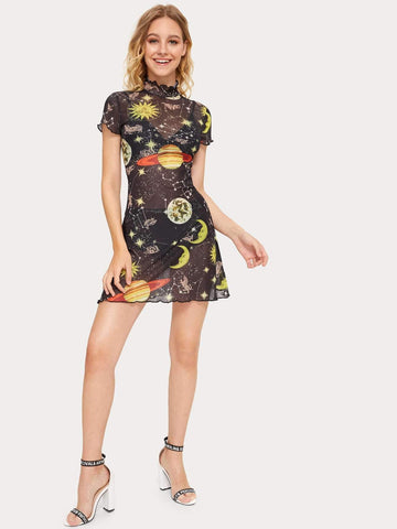 Mesh Galaxy Print Lettuce Trim Sheer Dress