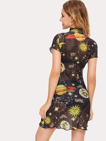 Mesh Galaxy Print Lettuce Trim Sheer Dress