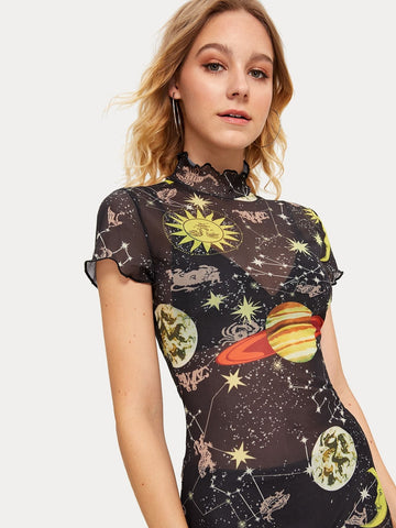 Mesh Galaxy Print Lettuce Trim Sheer Dress